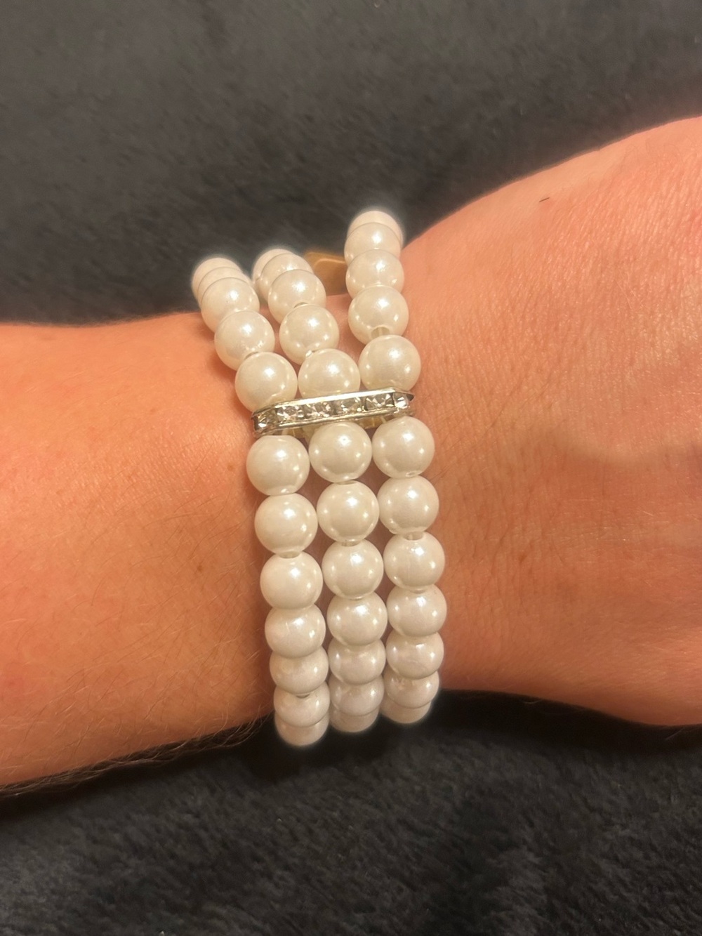Faux Pearl Multi-Strand Stretch Bracelet Rhinestone Spacer Bars Bridal Classic